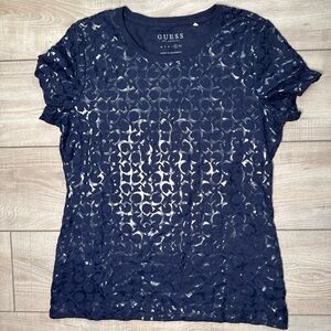 Guess Logo Geometric Womens XL Navy Blue T-Shirt Short‎ Cap Sleeve Top Slim fit